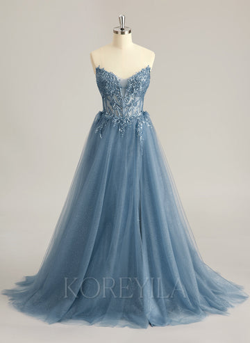 Ball-Gown/Princess V-Neck Sweep Train Tulle Prom Dresses With Beading Sequins